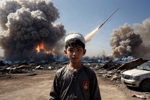 (masterpiece, top quality, best quality),(focus)small kid torn Arabic dress (bandage on head along eye),in his hand there is metal plate, looking toward sky for drop missile,
one big missile,
the whole place is destroyed after air bombing.
There is an ambulance on fire near by ,
