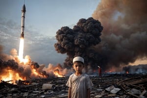 (masterpiece, top quality, best quality),(focus)small kid torn Arabic dress (bandage on head along eye),in his hand there is metal plate, looking toward sky for drop missile,
one big missile,
the whole place is destroyed after air bombing.
There is an ambulance on fire near by ,
