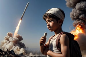 (masterpiece, top quality, best quality),(focus)small kid torn Arabic dress (bandage on head along eye),in his hand there is metal plate, looking toward sky for drop missile,
one big missile,
the whole place is destroyed after air bombing.
There is an ambulance on fire near by ,
