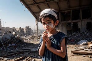 masterpiece photo with 50mm lens,(focus)small kid torn Arabic dress (bandage on head along eye),in his hand there is dirty steel plate, looking toward sky for drop food from air,
the whole place is destroyed after air bombing
