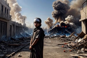 (masterpiece, top quality, best quality),(focus)small kid torn Arabic dress (bandage on head along eye),in his hand there is metal plate, looking toward sky for drop food from air,
the whole place near masjid aqsa is destroyed after air bombing.
There is an ambulance on fire near by ,

