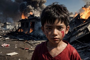 (masterpiece, top quality, best quality),(focus)small kid torn Arabic dress (blood bandage on head along eye),in his hand there is metal plate, stuck on debris badly, 
the whole place is destroyed after air bombing.
There is an ambulance on fire near by ,
