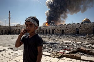 (masterpiece, top quality, best quality),(focus)small kid torn Arabic dress (bandage on head along eye),in his hand there is metal plate, looking toward sky for drop missile,
one big missile falling,((near Al-Aqsa Mosque)),
the whole place is destroyed after air bombing.
There is an ambulance on fire near by ,
