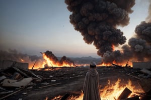 (masterpiece, top quality, best quality),(focus)small kid torn Arabic dress (bandage on head along eye),
his dress on fire,
 looking toward sky for drop missile,
one big missile,
the whole place is destroyed after air bombing.
There is an ambulance on fire near by ,

