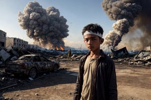 (masterpiece, top quality, best quality),(focus)small kid torn Arabic dress (bandage on head along eye),in his hand there is metal plate, looking toward sky for drop missile,
one big missile,
the whole place is destroyed after air bombing.
There is an ambulance on fire near by ,
