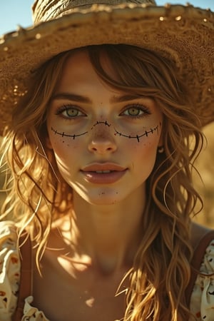 A close-up portrait of a beautiful woman dressed as a scarecrow, her face painted with subtle, artful stitches across her cheeks and mouth, light freckles dusted over her nose, and straw strands peeking out from under a worn, vintage straw hat. She has bright, captivating eyes that contrast with her rustic makeup, adding a hint of mystery and charm. Soft, golden lighting highlights her features, giving a warm, autumnal glow, high detail, realistic textures, cinematic beauty with a hint of eeriness, 4K quality,Midjourneyart