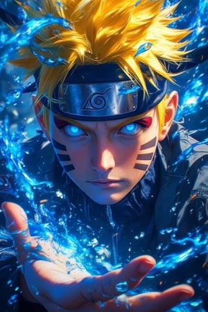 Solo, looking at viewer,naruto,naruto_(series), yellow hair, blue eyes,magic, lighting, dynamic pose, close-up,magic,water storm,Anime art