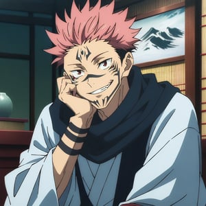 (masterpiece), (best quality), newest, (intricate details, very aesthetic), good hands, fine_ascxl, anime screencap,solo, looking at viewer, smile, short hair, red eyes, 1boy, sitting, pink hair, male focus, japanese clothes, kimono, scarf, tattoo, spiked hair, black nails, head rest, smirk, white kimono, arm tattoo, undercut, facial tattoo, extra eyes, ryoumen sukuna \(jujutsu kaisen\), photo background,scenery, ghibli style