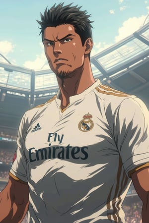 An anime-style picture of Cristiano Ronaldo wearing his iconic Real Madrid uniform. His spiked black hair and confident expression should be highlighted, capturing his intense focus and determination. The uniform should be detailed with the classic white and gold accents, featuring the Real Madrid logo on his chest. The background should be slightly blurred to keep the focus on Ronaldo’s athletic build and the flowing movement of his jersey. The lighting should emphasize the anime-style sharpness of his facial features and the energetic, dynamic aura surrounding him, giving the image a high-impact, action-packed feel,Niji journey