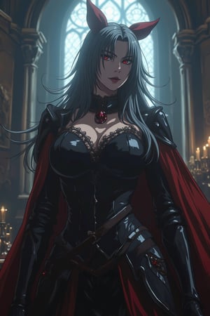 In an atmospheric cyberpunk setting, a low-angle shot captures the regal of a powerful female character inspired by Shalltear Bloodfallen. She has long, dark silver hair (Big red bow on the head), red eyes, dressed in an intricately designed dark medieval outfit adorned with lace and armor. Her expression is confident and somewhat playful, conveying her vampiric charm. The background should be a gothic castle interior, with dim lighting and ornate decor, adding to the dark fantasy atmosphere. Include elements like a glowing orb or magical sigils to emphasize her magical prowess, shalltier,Niji journey