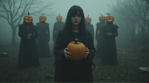 A woman with black hair holding pumpkin wear witch clothes cinematic photograph picture there a fog and there a group of mans with pumpkin head glowing eyes around her,Midjourneyart