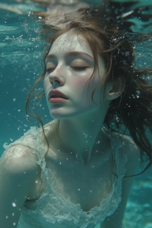 An aesthetic close-up pictures of a girl floating underwater,Midjourney v6