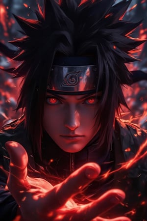 solo, looking at viewer, black hair, red eyes, 1boy, closed mouth, male focus, headband, magic, ninja, forehead protector, konohagakure symbol, uchiha sasuke,Anime art