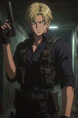 An anime-style portrayal of Leon Kennedy from Resident Evil 4, featuring his signature short, blonde hair and intense, focused eyes. He is dressed in a detailed version of his tactical outfit, including a black vest and black shirt, with anime-style shading that emphasizes the rugged texture of his gear. Leon is depicted in an action pose, holding his handgun or aiming his weapon with precision. The background includes elements of a dark, eerie environment reminiscent of the game's atmosphere, such as dimly lit corridors or ominous shadows. The lighting should create dramatic highlights and shadows, accentuating his determined expression and the detailed features of his outfit, giving the image a suspenseful and dynamic anime vibe,Niji journey