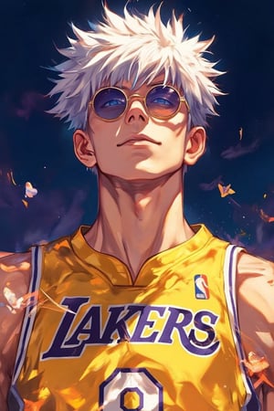 solo, looking at viewer, short hair, bangs, blue eyes, shirt, 1boy, closed mouth, upper body, white hair, short sleeves, male focus, sunglasses, round eyewear,gojou satoru,as basketball player,wear lakers uniform,Anime art