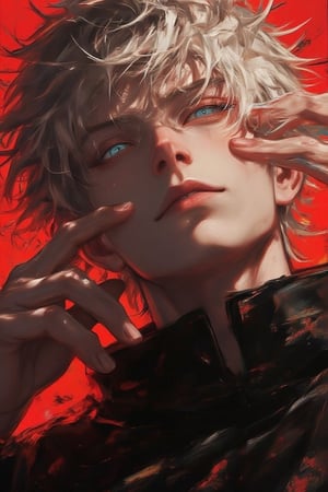 solo, looking at viewer, short hair, bangs, blue eyes, 1boy, jacket, upper body, white hair, male focus, day, hand up, black jacket, eyelashes, portrait, high collar, colored eyelashes, covered mouth, eye focus, gojou satoru /(jujutsu kaisen/),Anime art