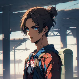 score_9, score_8_up, score_7_up,1boy,,eren_yeager_s4,brown hair,blue eyes,short hair,hair bun,single hair bun,as spiderman,niji journey style