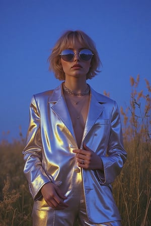 A woman with short blonde hair in a shiny suit standing in the grass at night, wearing colored sunglasses, 80mm lens, blurred depth of field,Midjourneyart