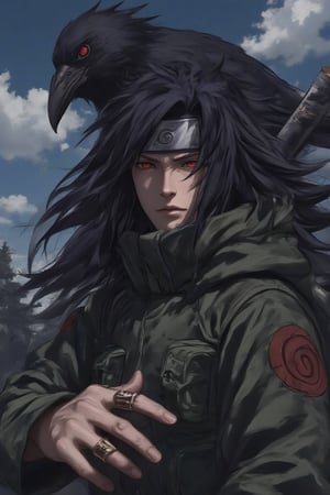 crow, 1boy, bird, male_focus, black_hair, weapon, red_eyes, jewelry, forehead_protector, solo, ring, holding_weapon, looking_at_viewer, holding, ninja, sword, fantasy, cloudy_sky, animal, long_hair, konohagakure_symbol, sky, long_sleeves, headband, black_nails, outdoors, itachi Uchiha,Anime art