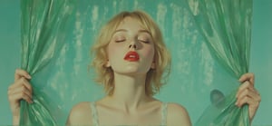 A captivating vintage-inspired painting of a young woman with blonde hair, possibly in her 20s or 30s, standing behind a translucent green shower curtain. Her fair skin contrasts with her vibrant red lipstick, and her eyes are closed as she looks upwards. The woman's hands gently hold the curtain, while the turquoise background and visible showerhead create a serene and nostalgic atmosphere. The realistic painting style, with its subtle vintage touch, evokes a sense of timeless elegance and beauty., painting,Midjourney v6