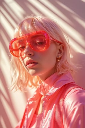 Fashion portrait photography, close-up of a white-haired model wearing futuristic red glasses and a pink outfit with neon details, in warm sunlight against a white background, in a cyberpunk style, shot with a Canon EOS R5 at F2, ISO 30, 89mm, f/4. In the style of an edgy photoshoot, fashion editorial aesthetic, bold yet graceful, with daylight and volumetric lighting, hyper-realistic,Midjourneyart,iphone photo