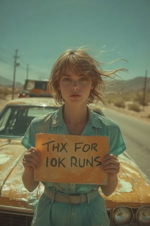 A close-up picture of a woman with short blonde hair holding sign with text that says "THX FOR 10K RUNS", out of a car wash in the desert, bleach bypass teal orange color grading,Midjourneyart 