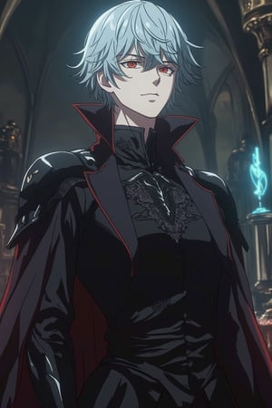 In an atmospheric cyberpunk setting, a low-angle shot captures the regal of a powerful male character inspired by Shalltear Bloodfallen. he has short, dark silver hair ,red eyes, dressed in an intricately designed dark medieval outfit adorned with lace and armor. His expression is confident and somewhat playful, conveying his vampiric charm. The background should be a gothic castle interior, with dim lighting and ornate decor, adding to the dark fantasy atmosphere. Include elements like a glowing orb or magical sigils to emphasize her magical prowess, shalltier,Niji journey