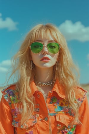 a woman with long blonde hair, wearing a pair of green aviator sunglasses, stands in front of a bright blue sky. She is wearing a vibrant orange jacket, adorned with a variety of colorful designs. Her sunglasses are tinted green, adding a pop of color to her face. Her earrings are adorned with silver pearls. Her hair is cascading down her shoulders, framing her entire face. The sky is a muted blue, with a few wispy clouds in the distance,Midjourney v6