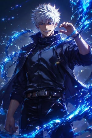 solo, looking at viewer, smile, short hair, blue eyes, long sleeves, 1boy, standing, jacket, upper body, white hair, male focus, cowboy shot, teeth, pants, hand up, water, grin, black jacket, glowing, black pants, high collar, magic, gojou satoru,Anime art