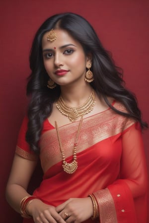 newly married Beautiful  indian women of age 20 wearing  red saree ,long_hair,wearing long neckless, full body ,blushing face  ,analog photograph, professional fashion photoshoot, hyperrealistic, extreme reality , masterpiece, trending on artstation,krrrsty ,background in Photostudio ,proper bindi on  face saree is fitted to thigh  ,curly hairs 