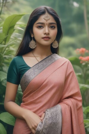 Beautiful  indian woman 20years old, wearing saree analog photograph, professional fashion photoshoot, proper face,hyperrealistic, masterpiece, trending on artstation,krrrsty  background garden 