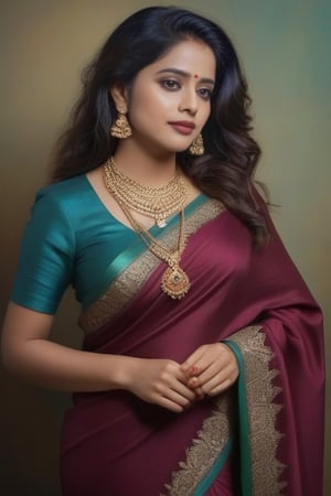 Beautiful  indian women of age 20 wearing a maroon blue green saree and flower of golden cour on it,long_hair,w long neckless full body ,blushing  ,analog photograph, professional fashion photoshoot, hyperrealistic, extreme reality , masterpiece, trending on artstation,krrrsty ,background in Photostudio ,proper bindi on  face saree is fitted to thigh  ,curly hairs 