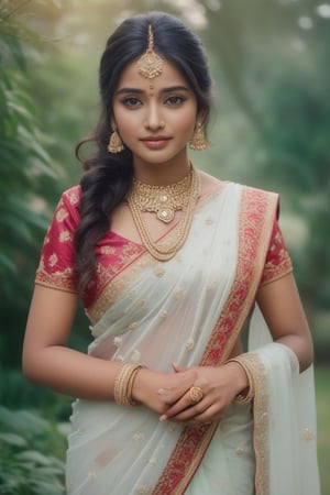 Beautiful  indian bride 20years old, wearing saree analog photograph, professional fashion photoshoot, proper romantic face,hyperrealistic, masterpiece, trending on artstation,krrrsty  background garden 