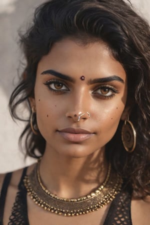 photo, rule of thirds, dramatic lighting, medium hair, detailed face, detailed nose, indian woman wearing top, freckles, collar or choker, smirk, tattoo, intricate background
,realism,realistic,raw,analog,woman,portrait,photorealistic,analog,realism