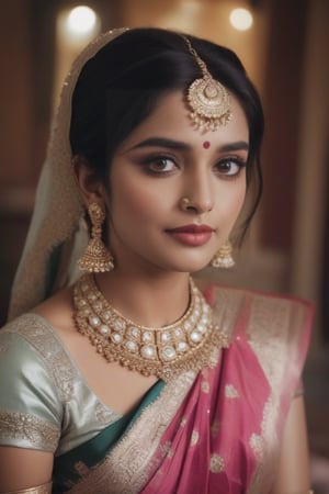 Beautiful  indian bride , wearing saree analog photograph, professional fashion photoshoot, proper romantic face,hyperrealistic, masterpiece, trending on artstation,krrrsty , hand on face, looking shy 