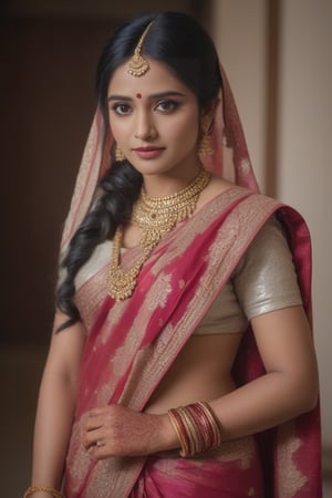 Beautiful  indian new bride , wearing saree analog photograph, professional fashion photoshoot, proper romantic face,hyperrealistic, masterpiece, trending on artstation,krrrsty , hand on face, looking shy , full body naked , attractive eyes