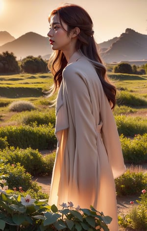 A side-view portrait of a woman praying in front of an altar that resembles a lion, set in an open field with views of majestic mountains at sunset. The woman has long, flowing auburn hair and appears to be in her late twenties. She is wearing a flowing white dress and a delicate silver necklace. Her eyes are closed, and her hands are clasped in prayer. Her profile is softly illuminated by the warm, golden light of the setting sun, which highlights her serene expression. The altar, adorned with intricate lion carvings, stands majestically beside her. The field is filled with tall grass and wildflowers swaying gently in the breeze. In the distance, the towering mountains are bathed in the soft, warm glow of the sunset. The sunlight creates long, soft shadows, casting a tranquil and reverent atmosphere. The gentle breeze rustles the grass, and the air is filled with the fresh scent of wildflowers. The sounds of the distant wind and occasional bird calls add to the peaceful ambiance, creating an atmosphere of calm and spiritual serenity