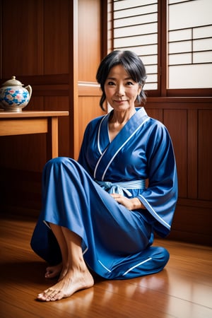 mature woman, beautiful mature woman, 40yo, blue_yukata, sitting on floor, ray tracing , raw photo, highres , uhd, 4k 8k, traditional house, 