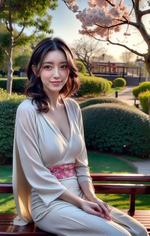 A potrait of mature woman wearing a white kimono with flower pattern sitting elegan on a bench near a tree of sakura, the pettals of sakura falling increase the elegant look of the woma. She smile an create a faint smile line around her mouth and a dimples that increase her beauty, her face has a faint wrinkles that show off an experience of life she has. The sunset give a dazzling light that increase a the nature vibe around her.eveningtime, warm light, 
Raw photo, masterpiece, best quality, UHD, High resolution, blurry background, bokeh.,Lioka,Cloef,Kana Morisawa