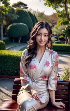 A potrait of mature woman wearing a white kimono with flower pattern sitting elegan on a bench near a tree of sakura, the pettals of sakura falling increase the elegant look of the woma. She smile an create a faint smile line around her mouth and a dimples that increase her beauty, her face has a faint wrinkles that show off an experience of life she has. The sunset give a dazzling light that increase a the nature vibe around her.eveningtime, warm light, 
Raw photo, masterpiece, best quality, UHD, High resolution, blurry background, bokeh.,Lioka,Cloef,Kana Morisawa