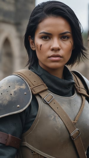 upper body portrait, (a young woman soldier), black hair, tanned skin, ((wearing a worn and damaged brown mate armor)), professional photography, photorealistic, still frame film, focused subject, shallow depth of field, soft contrast, muted tones, volumetric light, overcast day, high definition photo, shot with a Zeiss Otus 55 mm lens F/1.4, (against a medieval ruins), smoky atmosphere