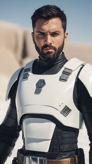 portrait, ((a toned jedi male in black heavy metallic armor)), short black hair, shaved beard, ((in a white sci-fi environment at sunny day)), (walking posing), looking at the viewer, dramatic photography, 85mm F1.6 lens, sharp focus, cinematic colors, volumetric light, movie style, very detailed