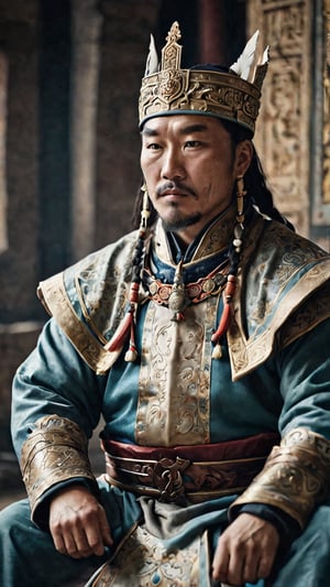 a cinematic long portrait, manly king mongol, sitting with a intricate king attire, photorealistic, dramatic photography, professional composition, high definition, detailed photography, soft contrast, muted tones, cinematic colors, shot with a Zeiss Otus 55 mm lens F/1.4, volumetric light, inside a castle, film vignette, gloomy atmosphere, textured skin face