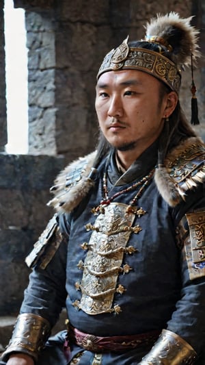 a cinematic long portrait, manly king mongol, sitting with a intricate king attire, photorealistic, dramatic photography, professional composition, high definition, very detailed photography, soft contrast, muted tones, cinematic colorsshot with a Zeiss Otus 55 mm lens F/1.4, volumetric light, inside a dark castle, film grain, film vignette, Extremely Realistic, dark moody atmosphere, dark and moody