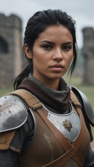 portrait, (a young woman soldier), black hair, tanned skin, ((wearing a worn and damaged brown mate armor)), professional photography, photorealistic, still frame film, focused subject, shallow depth of field, soft contrast, muted tones, volumetric light, overcast day, high definition photo, shot with a Zeiss Otus 55 mm lens F/1.4, (against a medieval ruins), smoky atmosphere