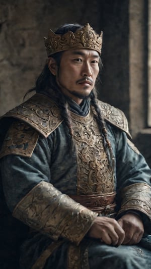a cinematic long portrait, manly king mongol, sitting with a intricate king attire, photorealistic, dramatic photography, professional composition, high definition, detailed photography, soft contrast, muted tones, cinematic colors, shot with a Zeiss Otus 55 mm lens F/1.4, volumetric light, inside a castle, film vignette, gloomy atmosphere, textured skin face