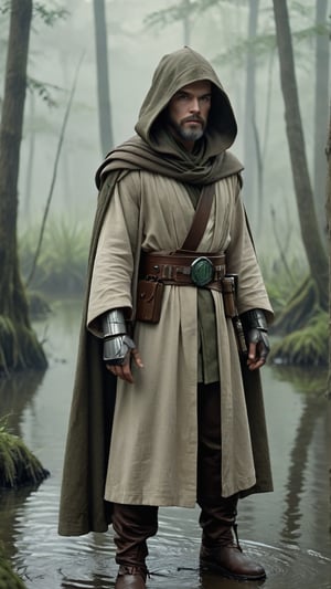 medium portrait, a male jedi from star wars movie, manly, wearing a beige jedi attire, and brown linen cape, hooded, with black leather pants and metallic gauntlets, shaved beard, ((in a dense foggy swamp)), photorealistic, fine details, sharp subject, focused composition, high definition, professional photography, very detailed photography, shallow depth of field, (foggy background:1.2), gloomy atmosphere, muted green colors, cinematic tones, (merge nature with Science fiction:1.2), film still