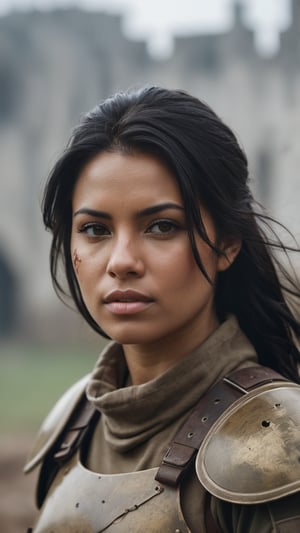 portrait, (a young woman soldier), black hair, tanned skin, ((wearing a worn and damaged brown mate armor)), professional photography, photorealistic, still frame film, focused subject, shallow depth of field, soft contrast, muted tones, volumetric light, overcast day, high definition photo, shot with a Zeiss Otus 55 mm lens F/1.4, (against a medieval ruins), smoky atmosphere