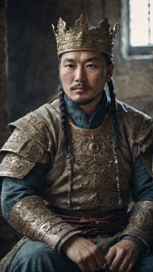 a cinematic long portrait, manly king mongol, sitting with a intricate king attire, photorealistic, dramatic photography, professional composition, high definition, detailed photography, soft contrast, muted tones, cinematic colors, shot with a Zeiss Otus 55 mm lens F/1.4, volumetric light, inside a castle, film vignette, gloomy atmosphere, textured skin face