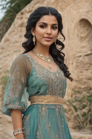 portrait of a young woman persian, ((wavy black hair to the side of his neck)), round face, delicate perfect hands, beautiful face, serene expression, shy smile, gold necklace and large earrings, in a former Persian style, printed teal dress, in front of a damaged Persian old structure, dusty, dust in the air, persian ruins, dusty atmosphere